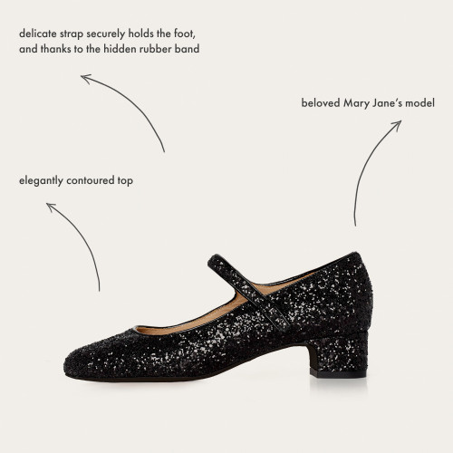 Dora Low Heels, black glitter OUTLET | Balagan Studio